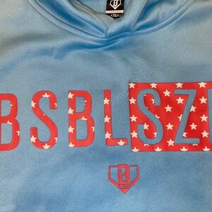 BSBL-SZN YXL Youth Short Sleeve Light Blue Hoodie with Red Graphic V2